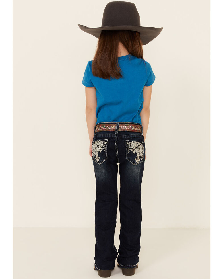Grace In LA Girls' Dark Wash Cross Back Pocket Stretch Bootcut Jeans, Blue, hi-res