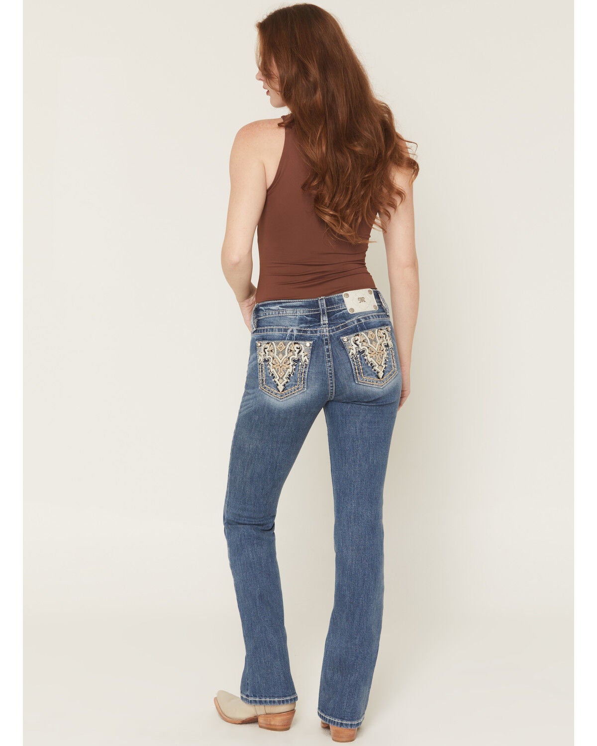 Image #1 - Miss Me Women's Medium Wash Mid Rise Geo Pocket 32" Bootcut Stretch Denim Jeans, Medium Wash, hi-res