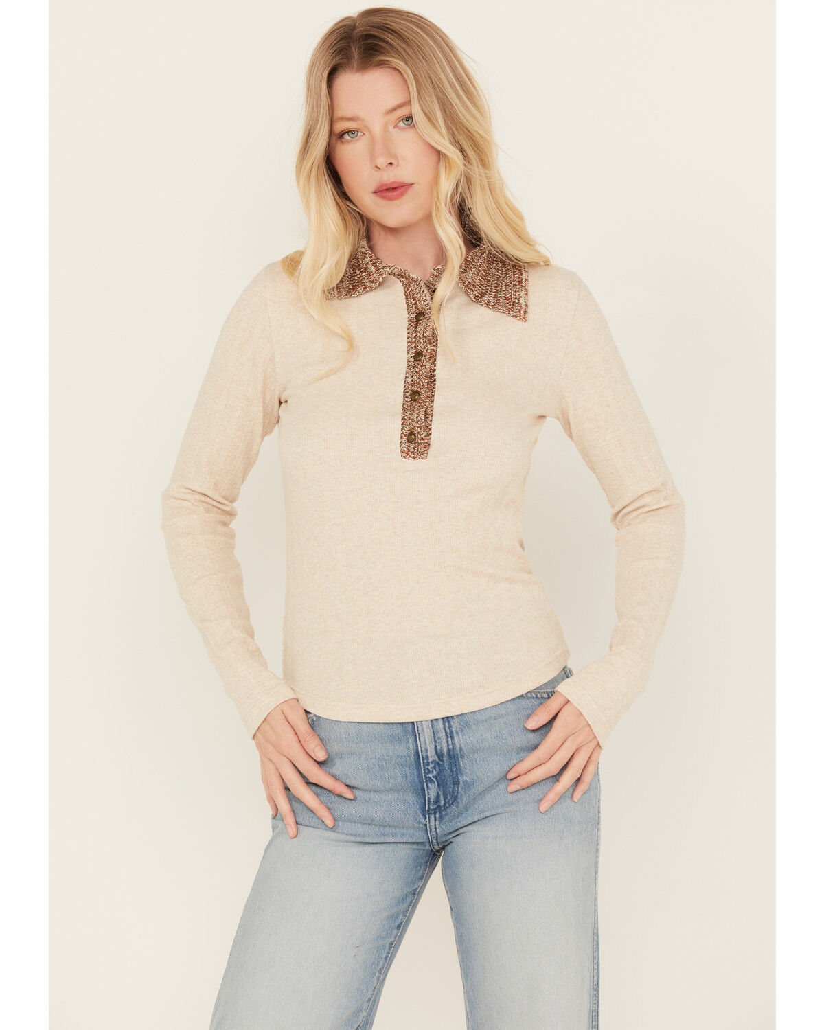 Image #1 - Shyanne Women's Crochet Collar Henley Shirt, Oatmeal, hi-res