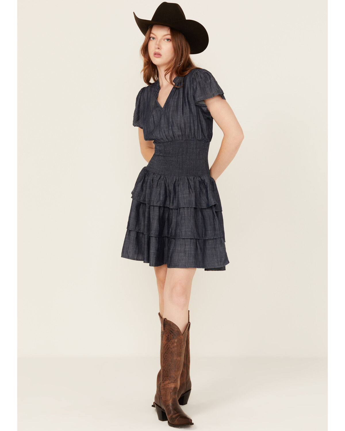 Image #1 - Ariat Women's Stellar Tiered Short Sleeve Mini Denim Dress, Navy, hi-res