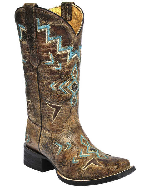 Image #1 - Corral Girls' Studded Embroidered Western Boots - Square Toe, Bronze, hi-res