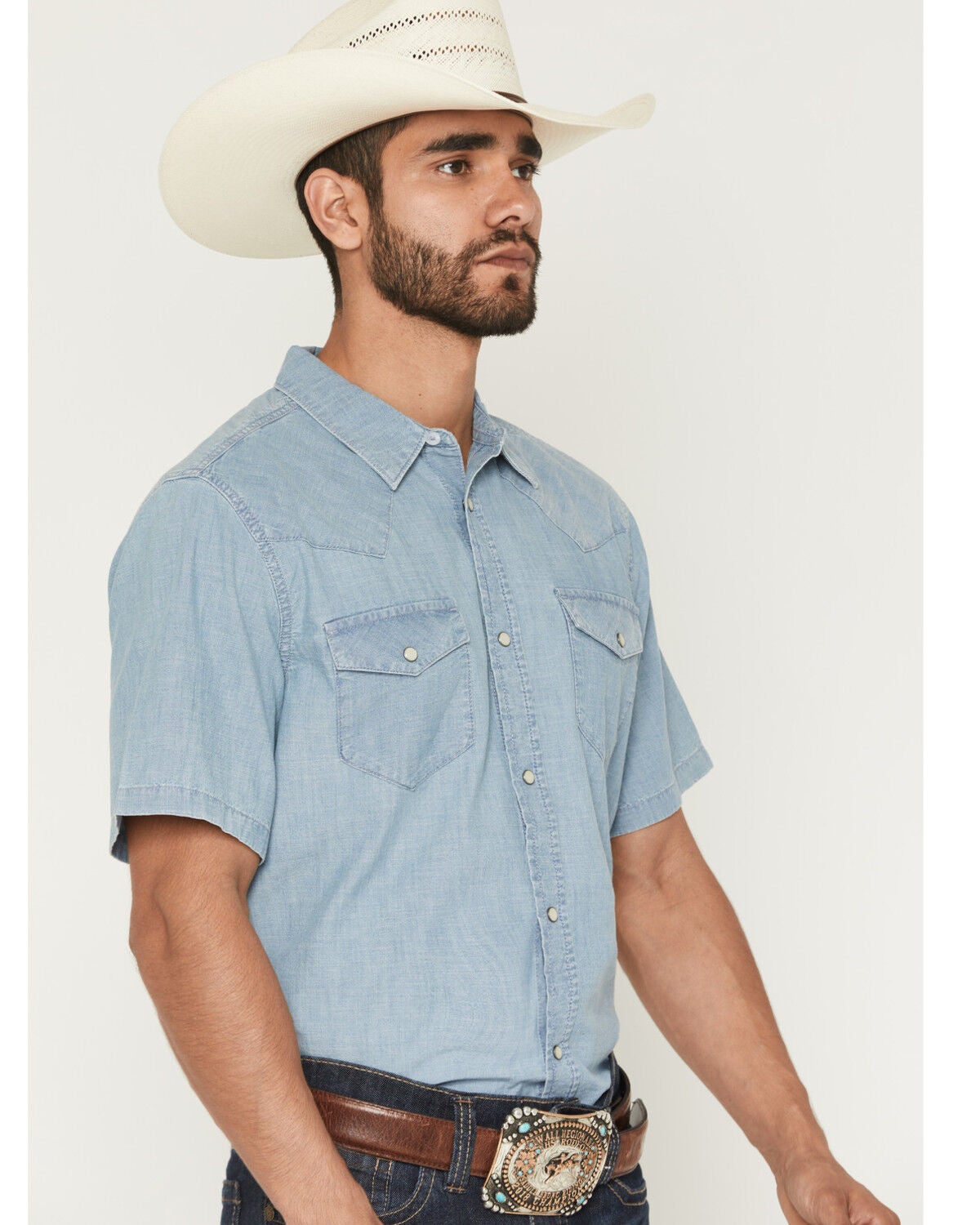 Image #2 - Cody James Men's Horizon Chambray Light Wash Short Sleeve Snap Western Shirt - Big, Light Wash, hi-res