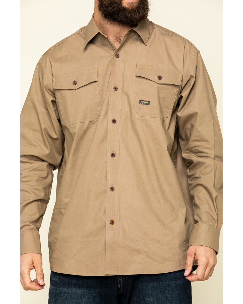 Ariat Men's Khaki Rebar Made Tough Durastretch Long Sleeve Work Shirt , Beige/khaki, hi-res