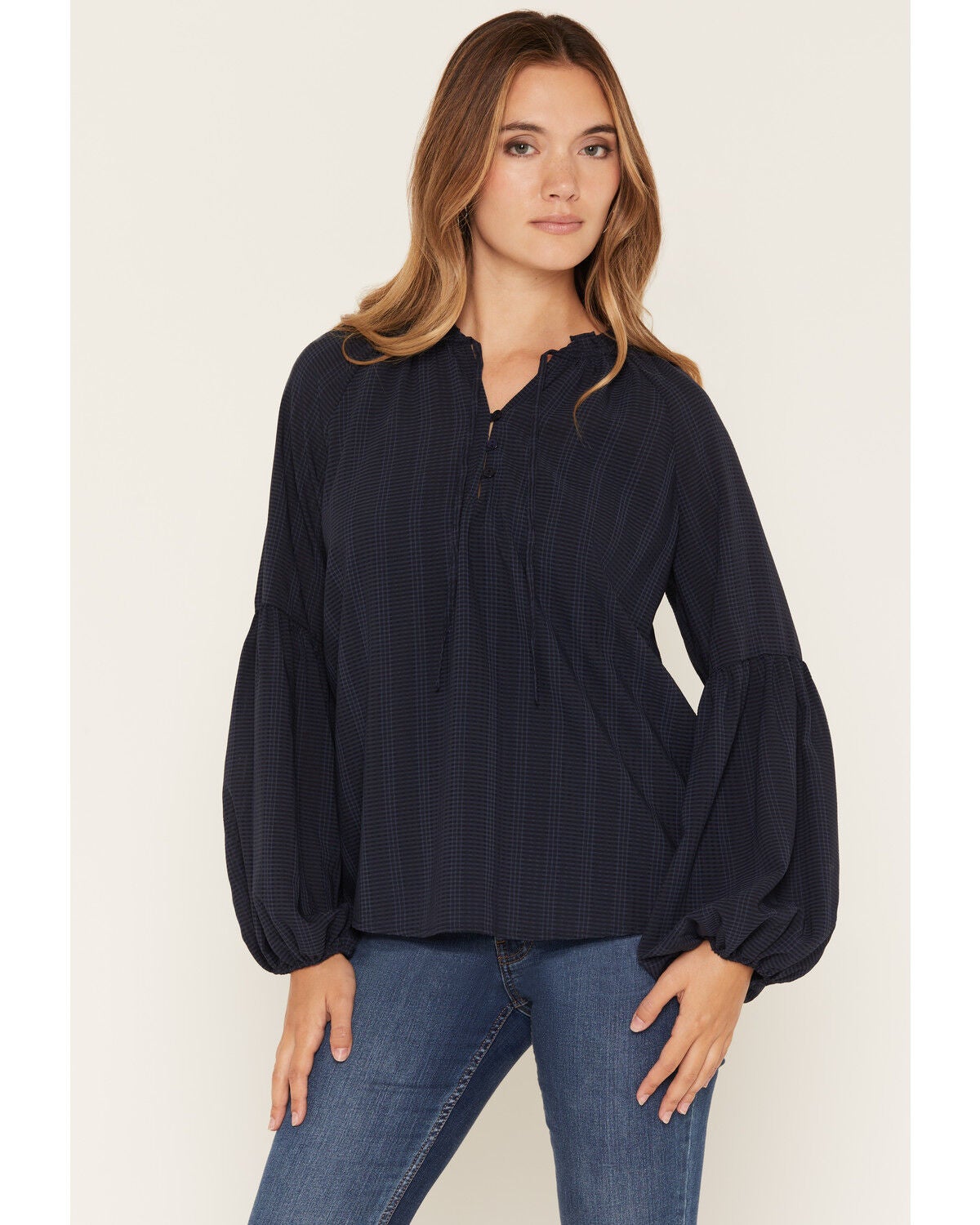 Lovestitch Women's Button Placket Peasant Blouse, Navy, hi-res
