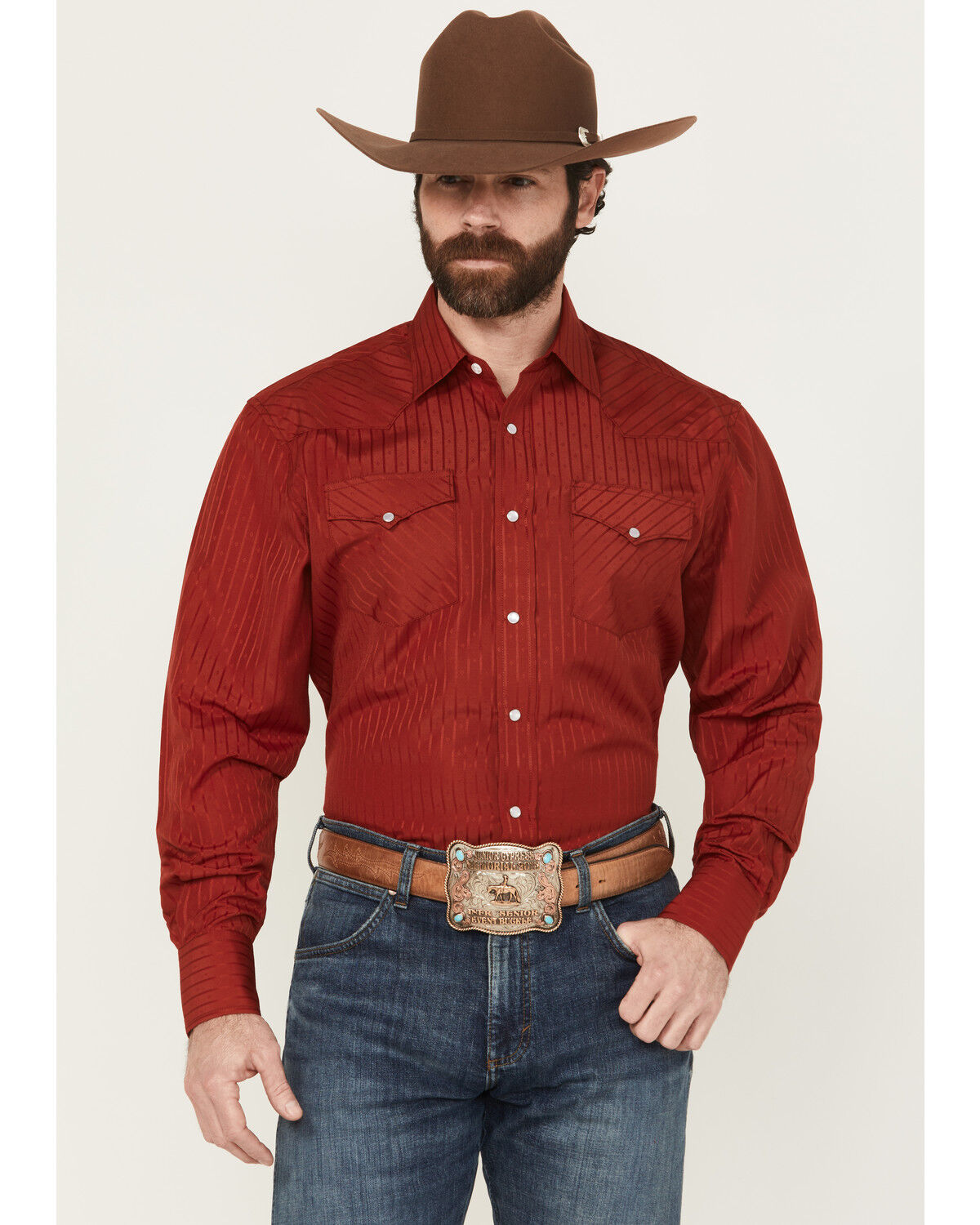 Image #1 - Rodeo Clothing Men's Tonal Striped Long Sleeve Pearl Snap Western Shirt, Red, hi-res