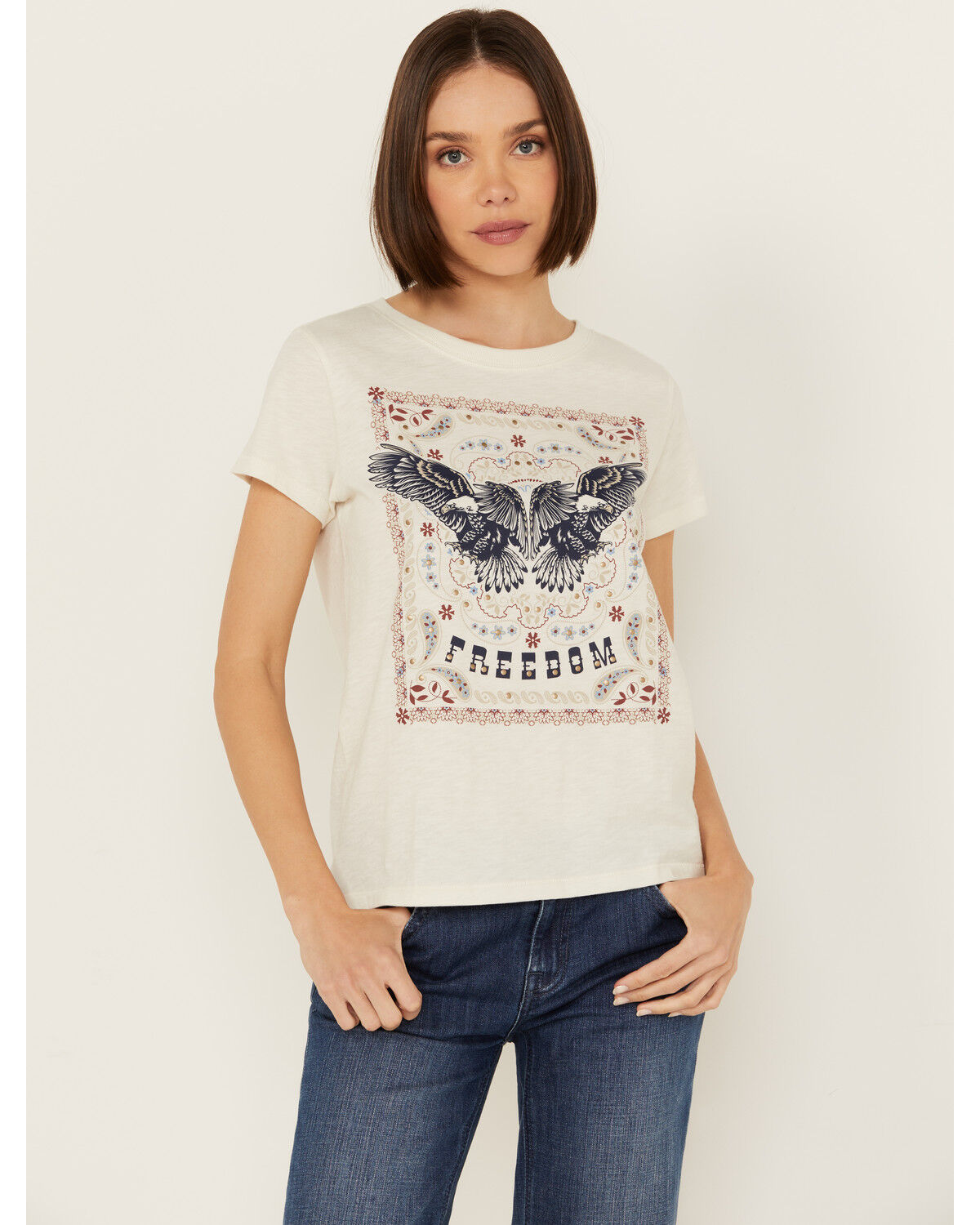 Image #1 - Shyanne Women's Be Free Studded Short Sleeve Boyfriend Graphic Tee, Cream, hi-res