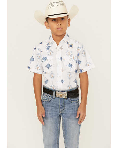 Ely Walker Boys' Southwestern Print Short Sleeve Pearl Snap Western Shirt , White, hi-res