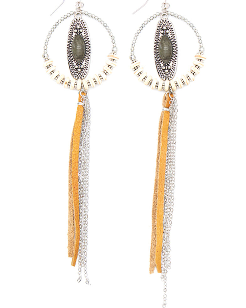 Cowgirl Confetti Women's Silver Fringe & Beaded Labradorite Stone Front Hoop Earrings, Silver, hi-res