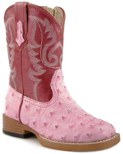 Image #1 - Roper Toddler Girls' Faux Ostrich Western Boots - Square Toe, Pink, hi-res