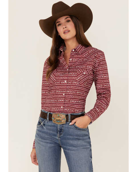Rough Stock by Panhandle Women's Southwestern Stripe Print Long Sleeve Snap Western Shirt, Red, hi-res