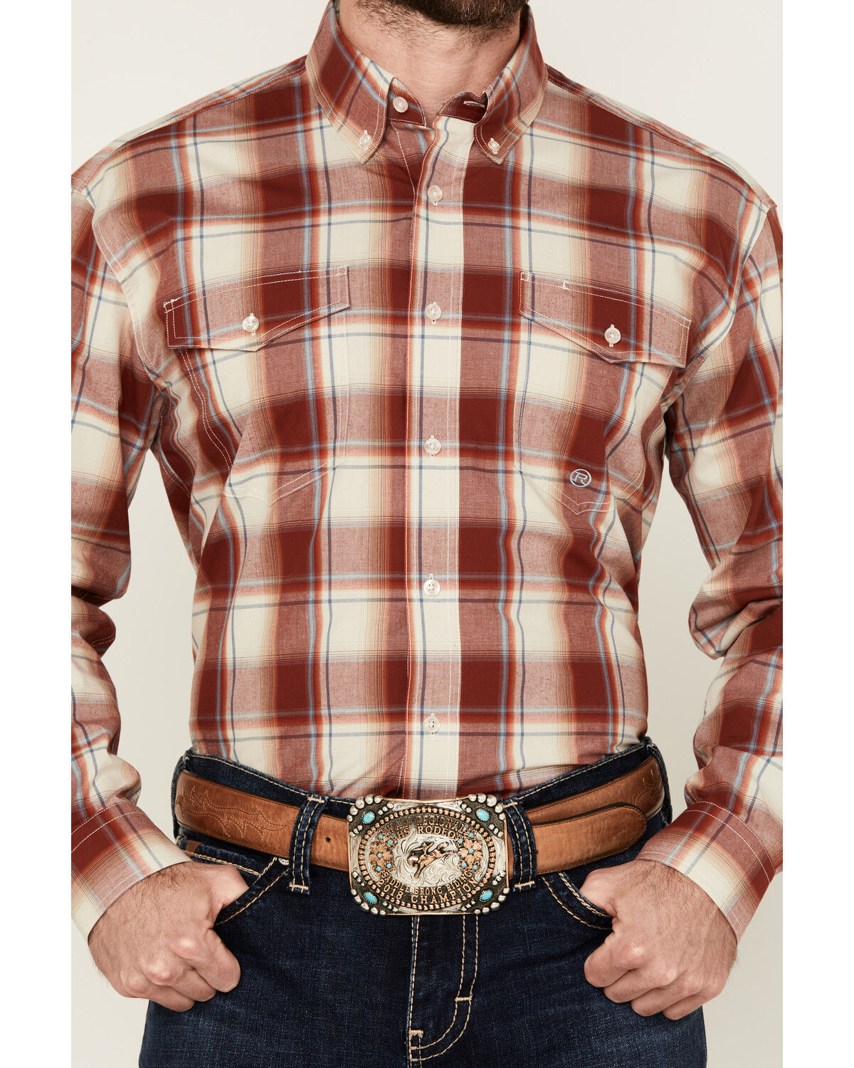 Image #3 - Roper Men's Amarillo Plaid Print Long Sleeve Button-Down Western Shirt, Red, hi-res