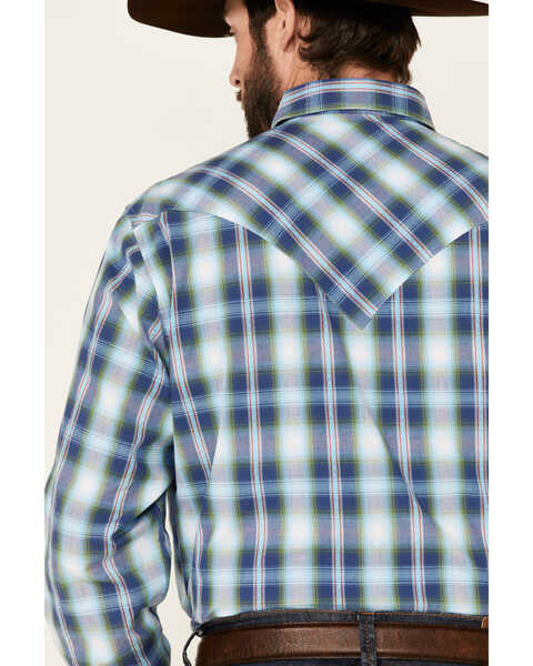 Image #5 - West Made Men's Dobby Plaid Long Sleeve Pearl Snap Western Shirt , Blue, hi-res