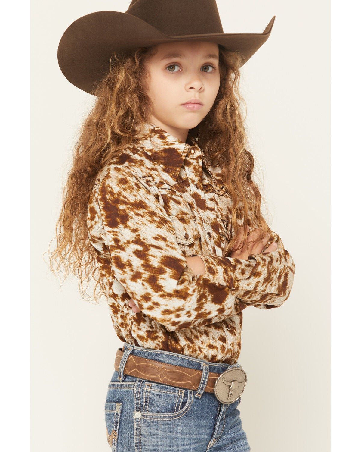 Image #2 - Cowgirl Hardware Girls' Cowhide Print Long Sleeve Pearl Snap Stretch Western Shirt, Brown, hi-res