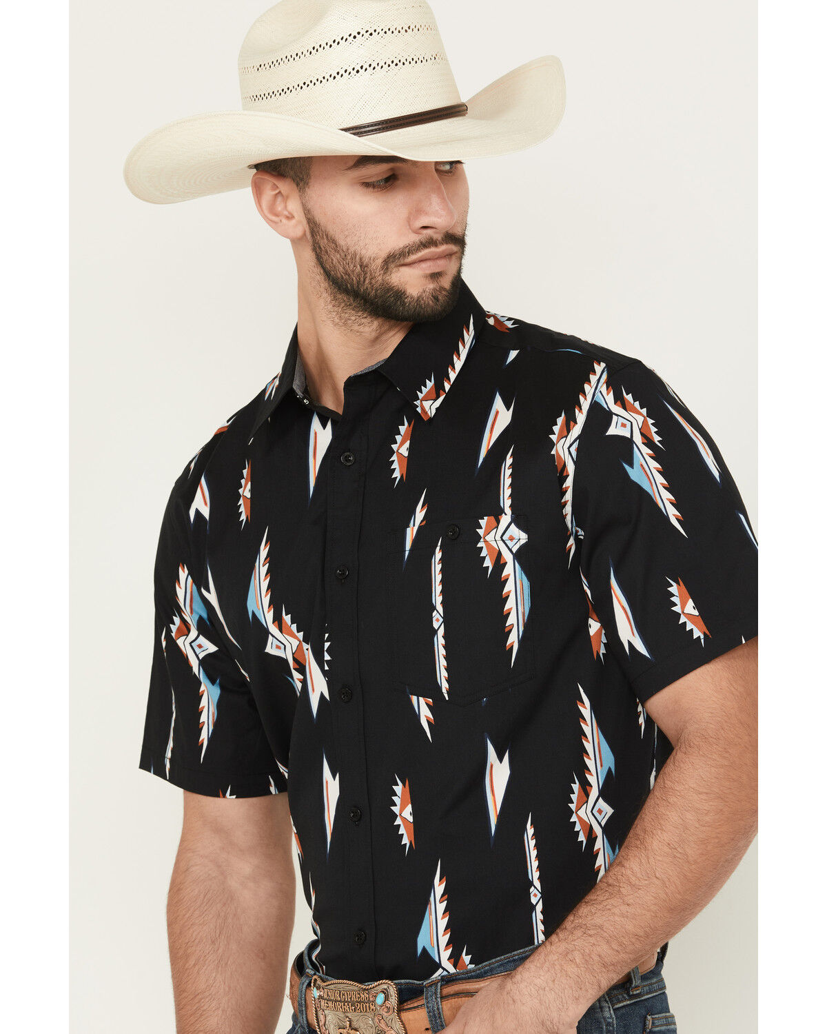 Image #2 - RANK 45® Men's Ryder Vertical Thunderbird Short Sleeve Button-Down Stretch Western Shirt, Black, hi-res