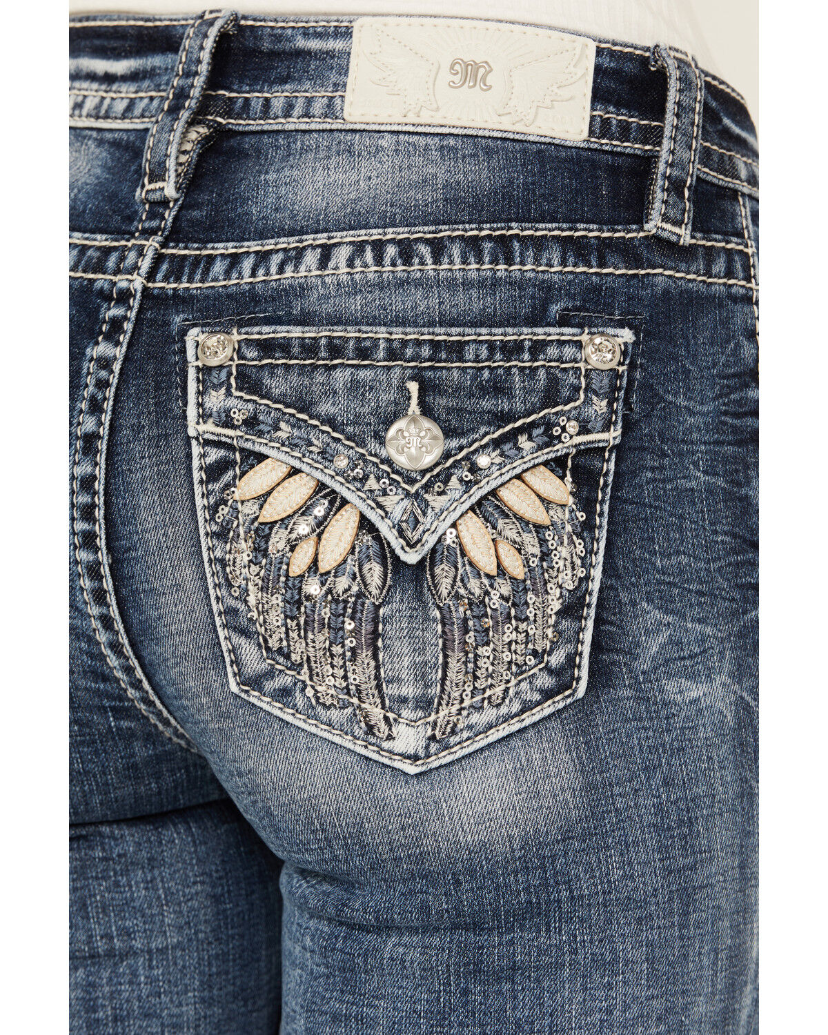 Image #2 - Miss Me Women's Dark Wash Mid Rise Downward Wing Pocket Bootcut Stretch Denim Jeans, , hi-res