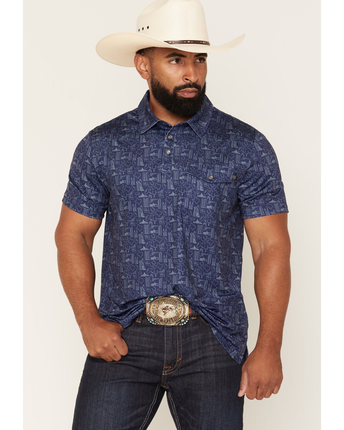 Rock & Roll Denim Men's Game Day Short Sleeve Snap Polo, Navy, hi-res