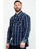 Rock & Roll Denim Men's Crinkle Plaid Long Sleeve Western Shirt , Blue, hi-res