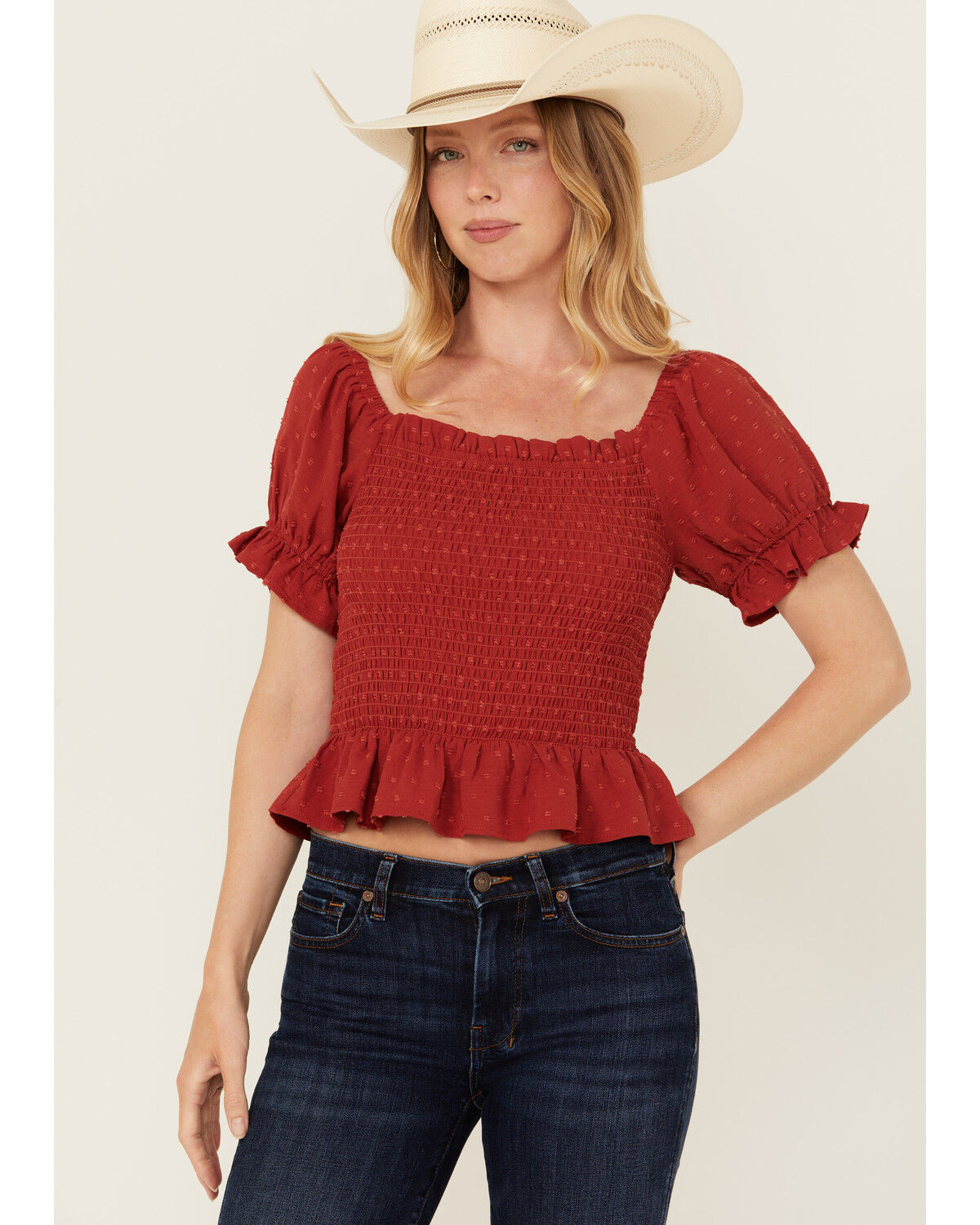 Image #1 - Wild Moss Women's Smocked Short Sleeve Shirt, Rust, hi-res