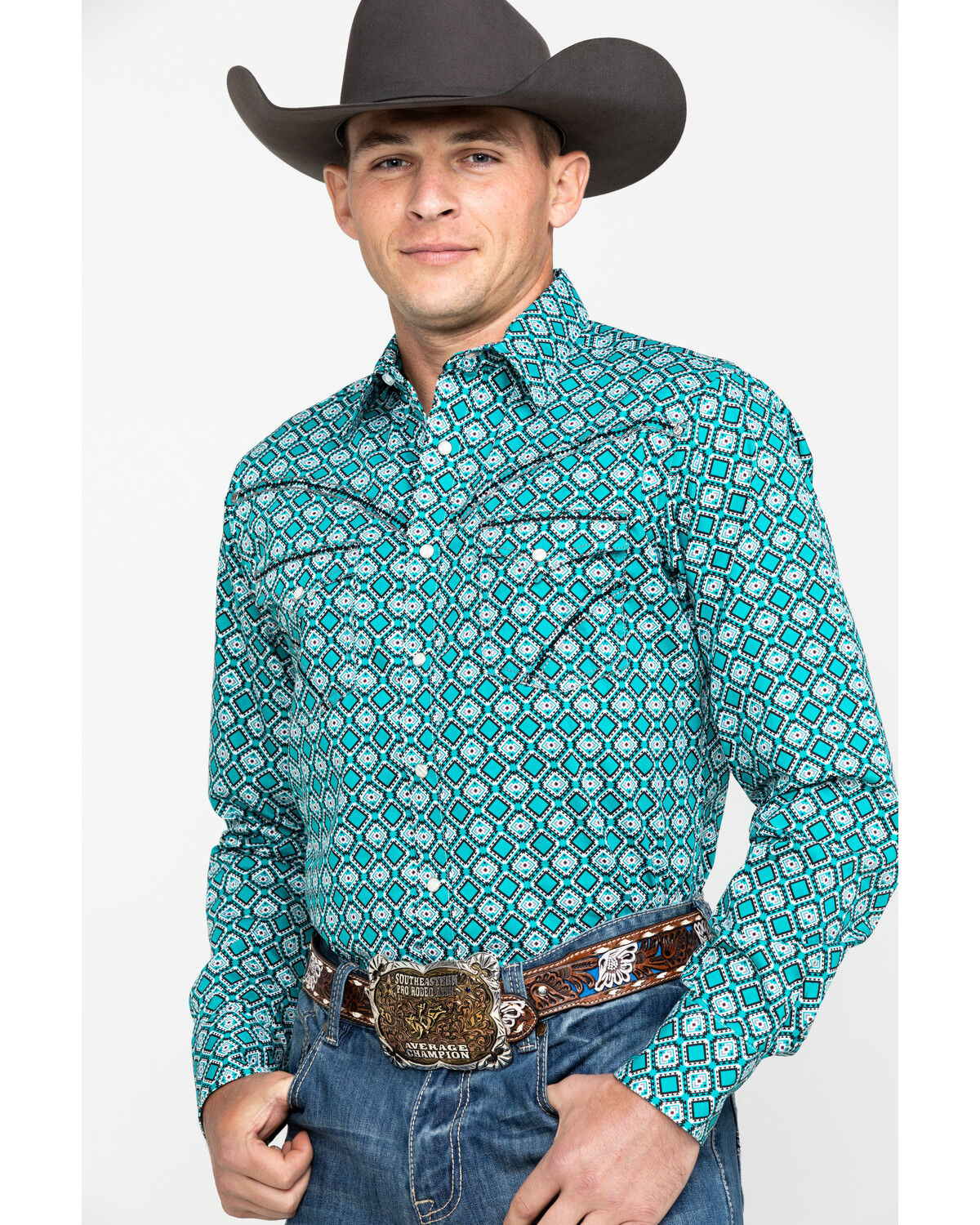 Image #3 - Rock 47 By Wrangler Men's Teal Geo Print Long Sleeve Western Shirt, Teal, hi-res
