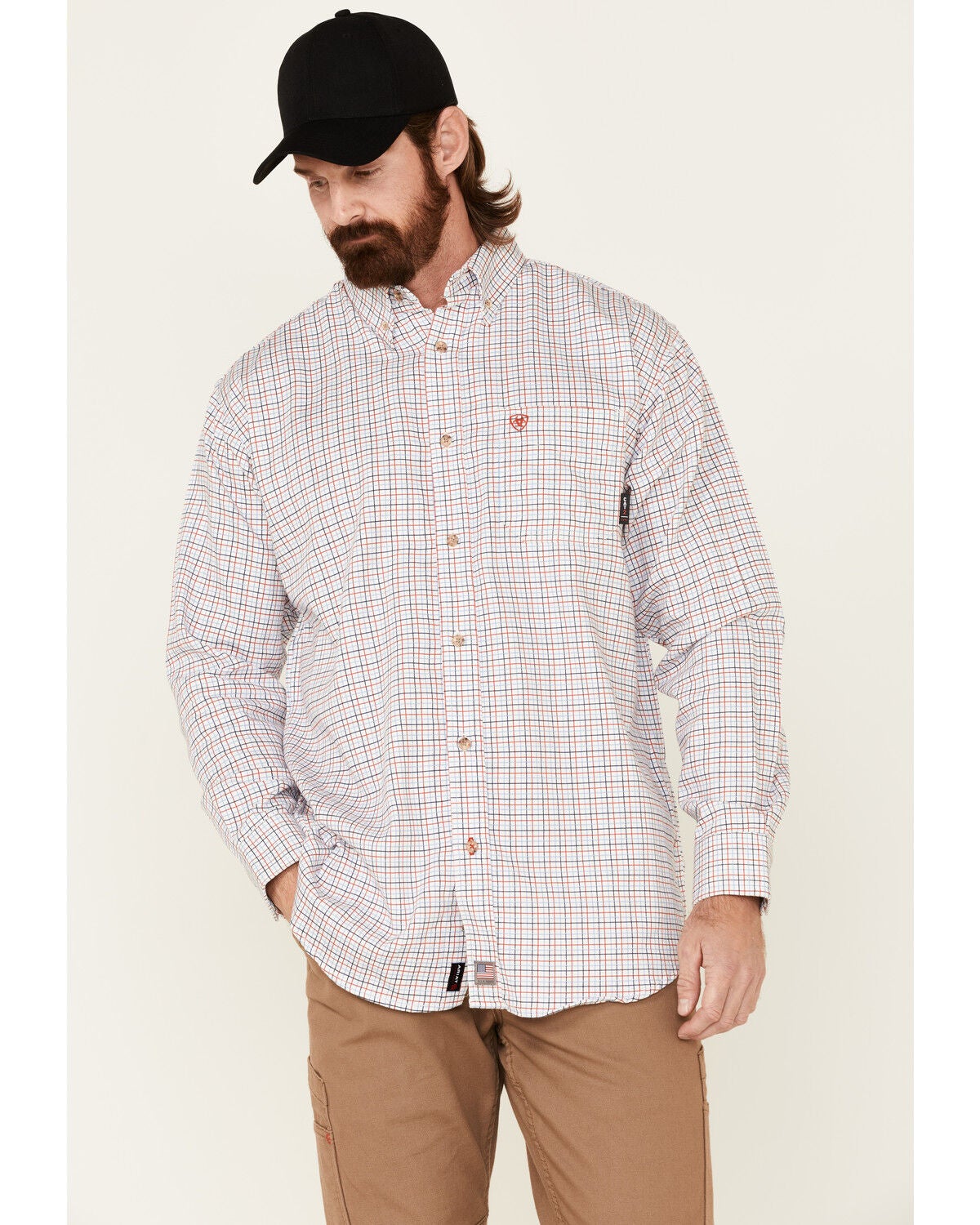 Ariat Men's FR Gauge Plaid Print Long Sleeve Button Down Work Shirt, White, hi-res