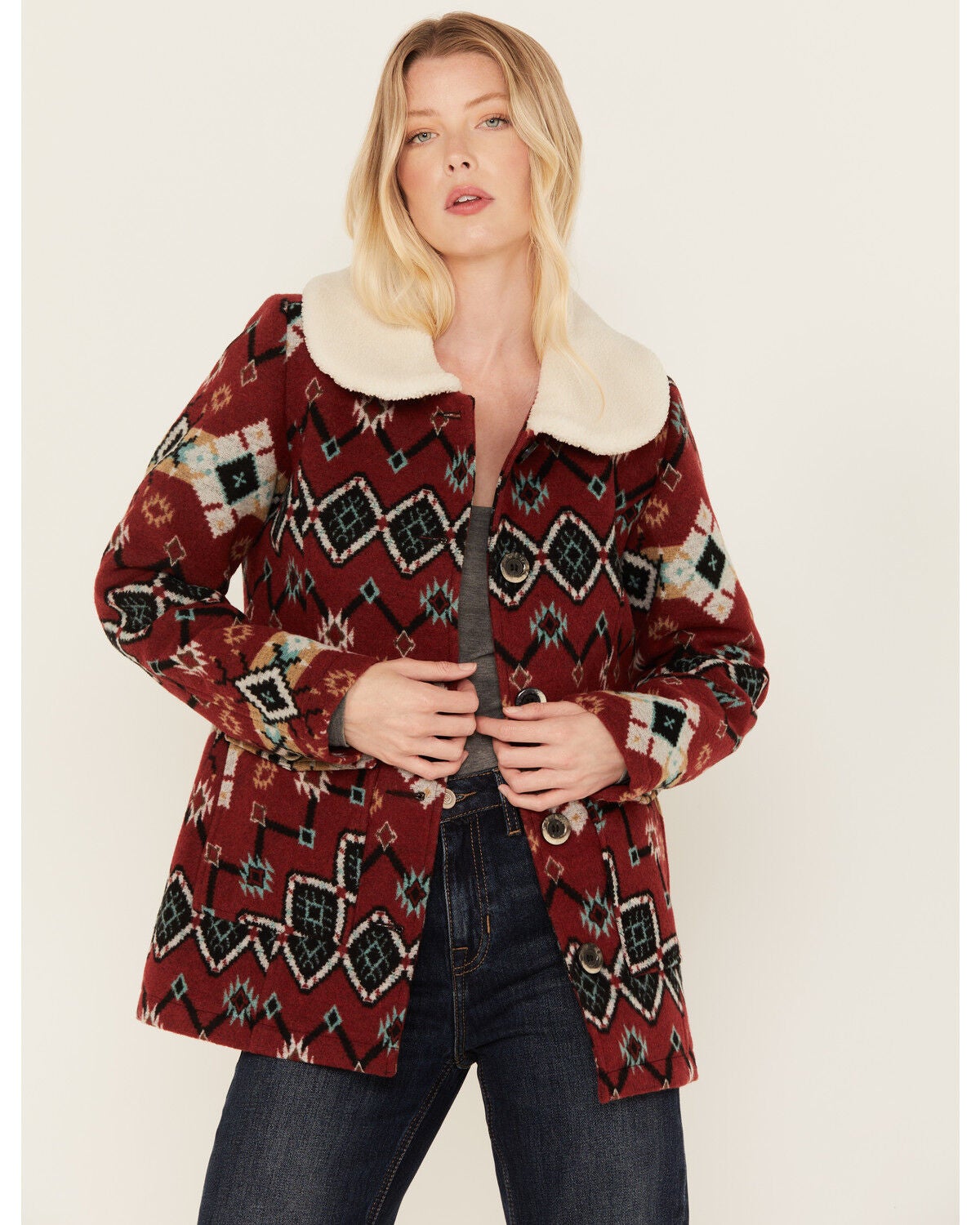 Powder River Outfitters Women's Southwestern Print Jacquard Wool Berber Coat, Red, hi-res