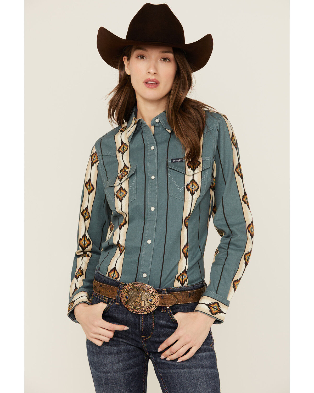 Image #1 - Wrangler Retro Women's Geo Print Long Sleeve Snap Western Shirt, Teal, hi-res