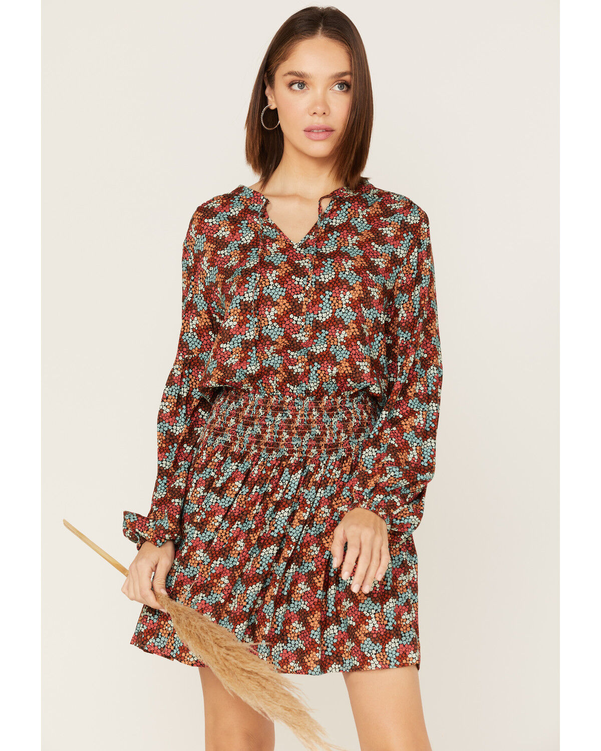 Image #1 - Rock & Roll Denim Women's Ditsy Floral Print Long Sleeve Mini Dress, Rust Copper, hi-res