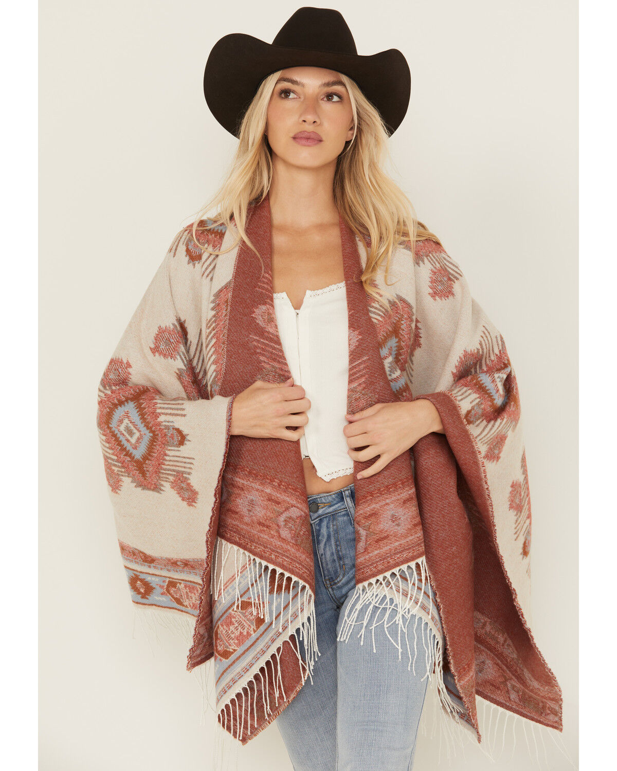 Image #1 - Idyllwind Women's Austin Southwestern Print Fringe Shawl, Ivory, hi-res