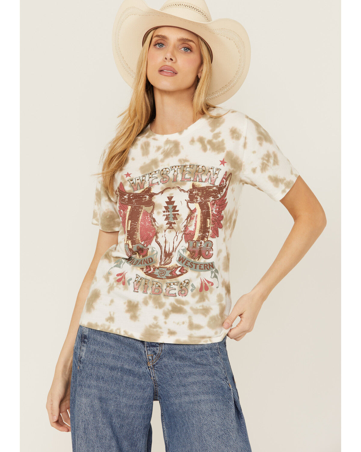 Image #1 - Rock & Roll Denim Women's Tie Dye West Short Sleeve Graphic Tee, Cream, hi-res