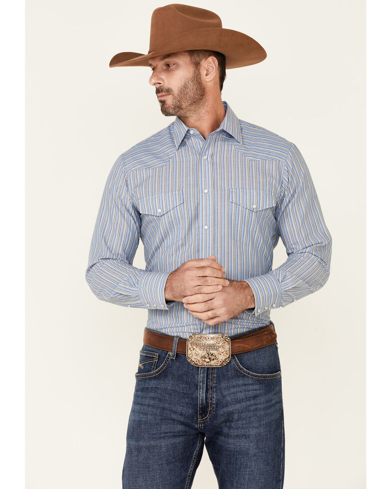 Roper Men's Stripe Long Sleeve Snap Western Shirt , Blue, hi-res