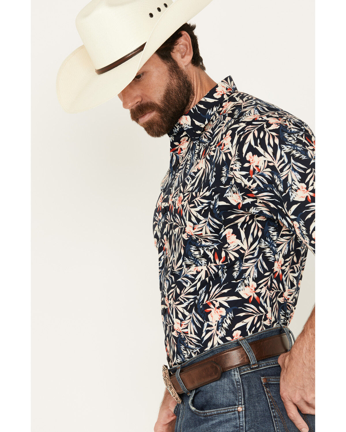 Image #2 - Ariat Men's Omer Print Fitted Short Sleeve Button-Down Western Shirt, Dark Blue, hi-res