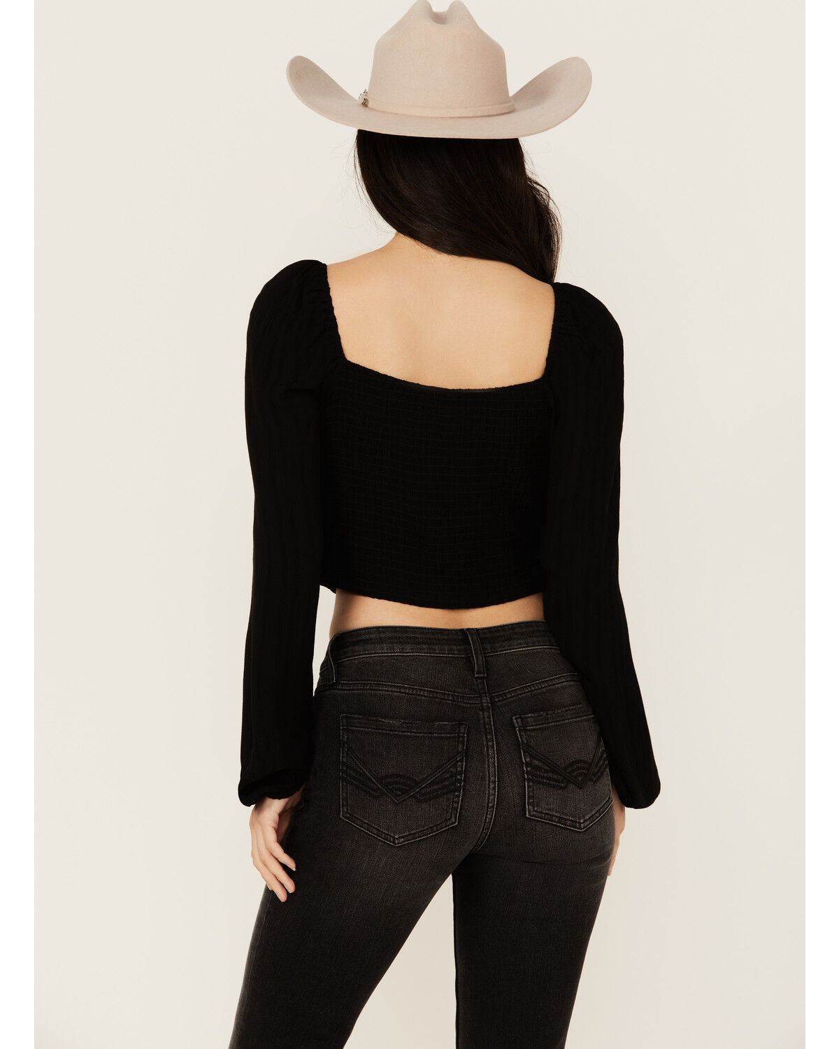Image #4 - Idyllwind Women's Hazel Smocked Long Sleeve Cropped Blouse, Black, hi-res