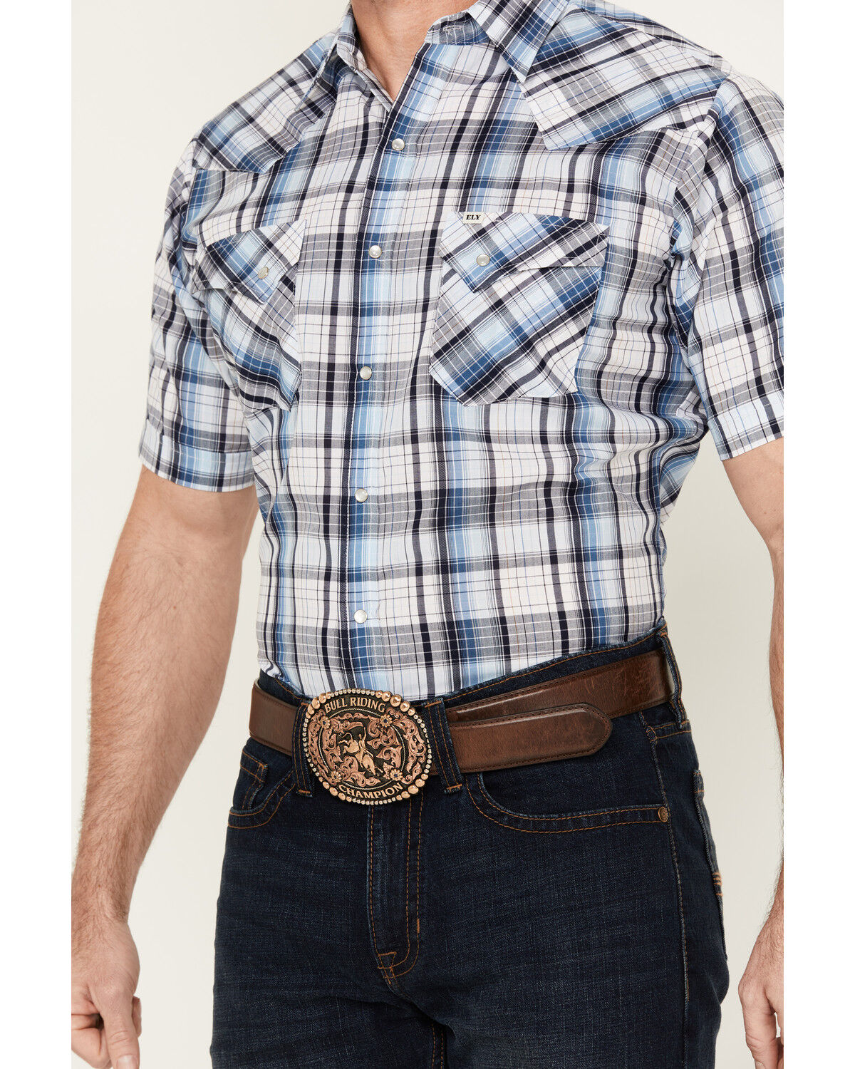 Image #3 - Ely Walker Men's Plaid Print Short Sleeve Snap Western Shirt, Blue, hi-res