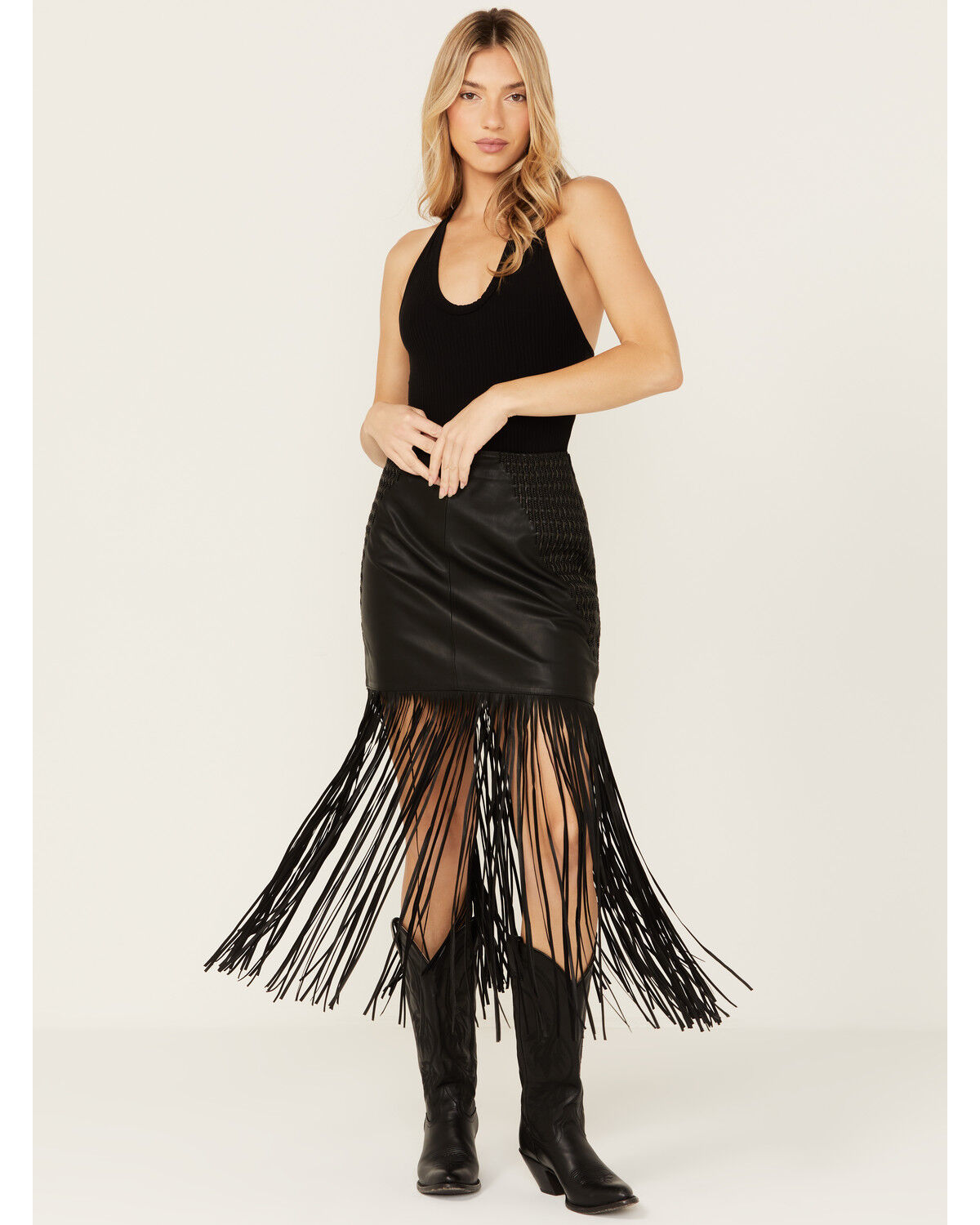 Image #1 - Wonderwest Women's Chain and Braid Fringe Leather Skirt, Black, hi-res