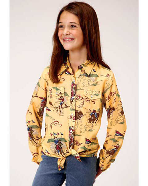 Five Star Girls' Retro Rodeo Print Yellow Western Shirt, Yellow, hi-res
