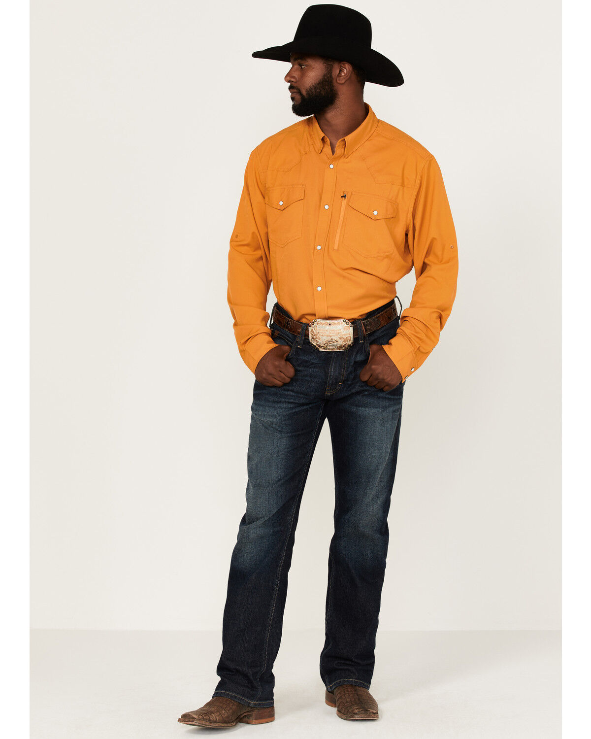 Image #2 - RANK 45® Men's Solid Roughie Tech Long Sleeve Snap Western Shirt, Gold, hi-res