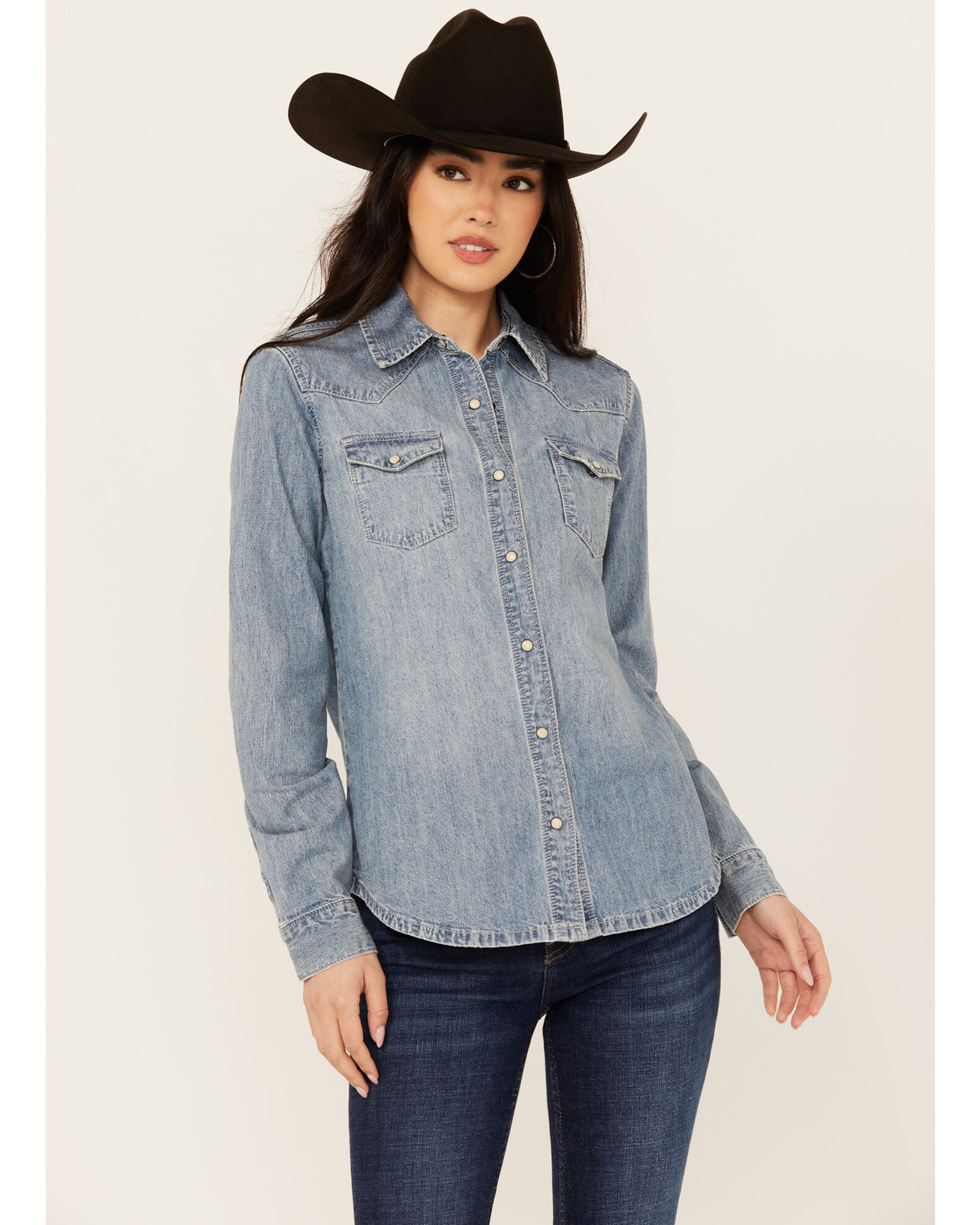 Womens denim shirt with pearl snaps top