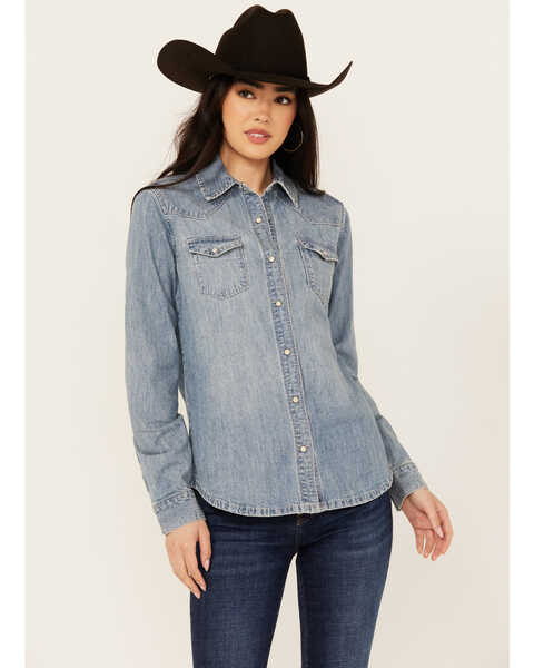 Stetson Women's Medium Wash Embroidered Cowboy Long Sleeve Pearl Snap Denim Shirt , Blue, hi-res