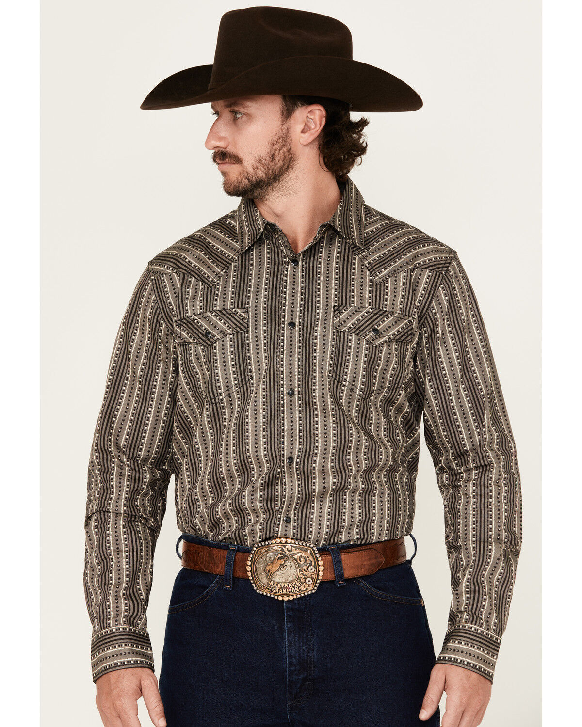 Image #1 - Cody James Men's Bartlett Geo Striped Long Sleeve Snap Western Shirt, Black, hi-res