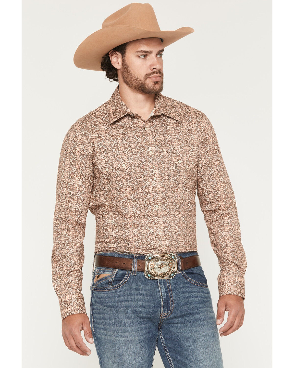 Rock & Roll Denim Men's Boot Stitch Print Long Sleeve Snap Western Shirt, Natural, hi-res