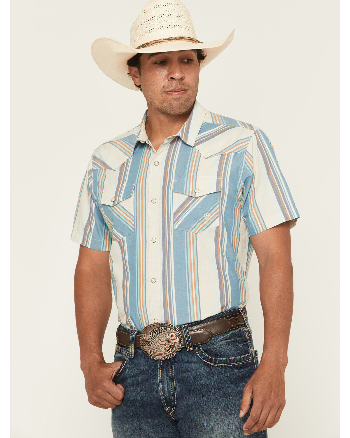 Image #1 - Ariat Men's Hilton Retro Fit Striped Short Sleeve Snap Western Shirt, Off White, hi-res
