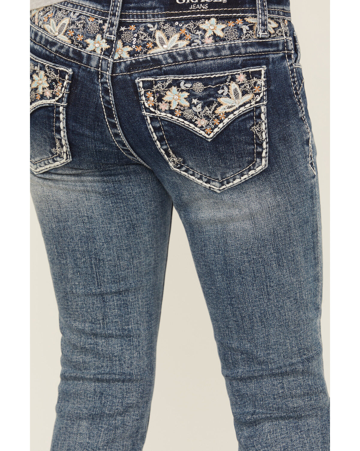 Image #2 - Grace In LA Girls' Medium Wash Floral Embroidered Faux Flap Pocket Bootcut Stretch Denim Jeans, Blue, hi-res