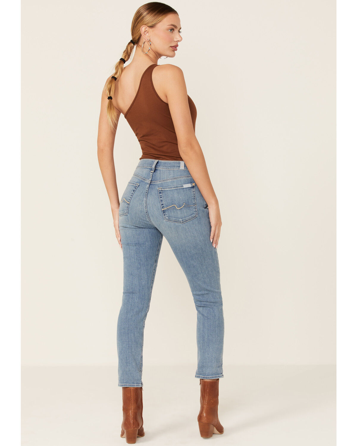 Image #4 - 7 For All Mankind Light Wash Mid Rise Crop Skinny Denim Jeans, Blue, hi-res