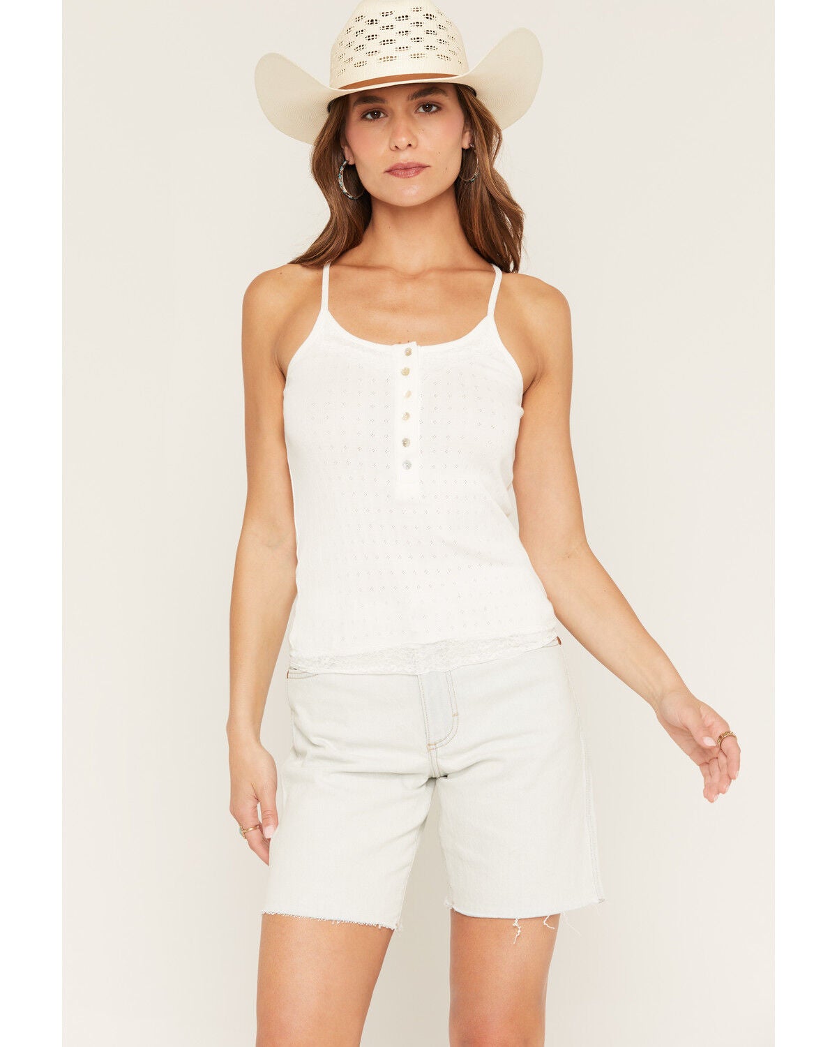 Blue Life Women's Lace Button Tank, White, hi-res