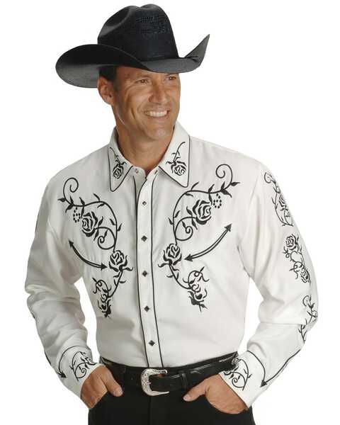 Scully Men's Floral Embroidered Vintage Long Sleeve Western Shirt - Big & Tall, White, hi-res