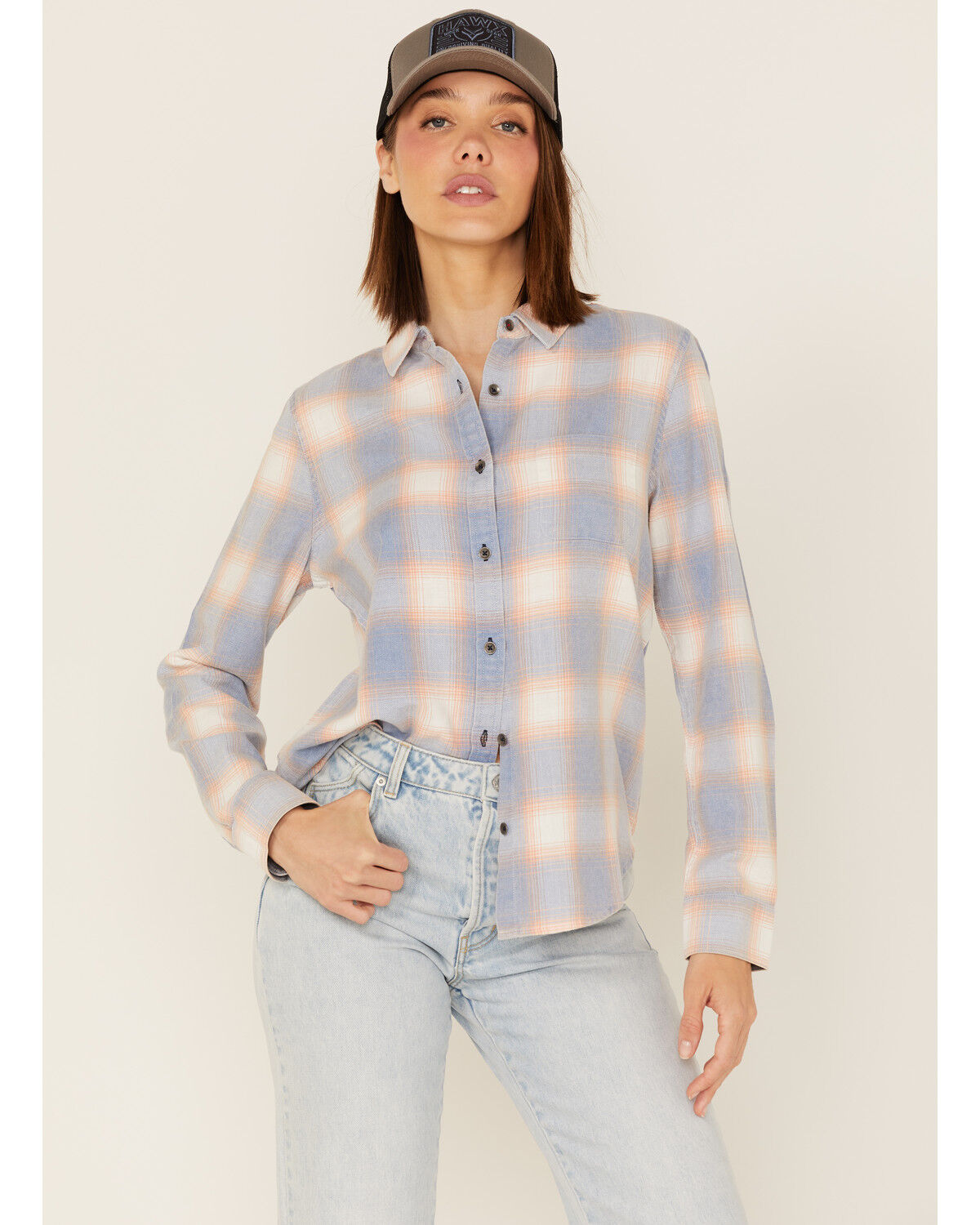 Image #1 - Flag & Anthem Women's Long Sleeve Plaid Pocket Button Shirt, Light Blue, hi-res