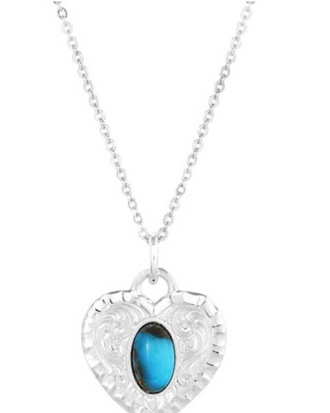 Montana Silversmiths Women's Chiseled Heart Turquoise Necklace , Silver, hi-res