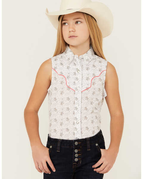 Rock & Roll Denim Girls' Floral Print Sleeveless Snap Western Shirt, White, hi-res