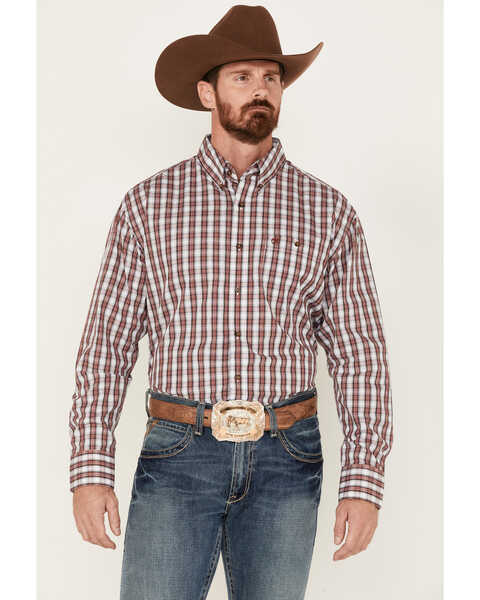 Wrangler Men's Plaid Print Long Sleeve Button Down Western Shirt, Red, hi-res