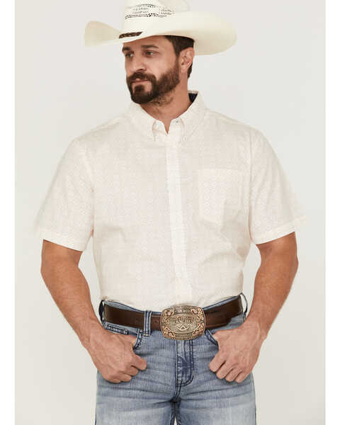 RANK 45® Men's Mustang Geo Print Short Sleeve Button-Down Western Shirt , Cream, hi-res